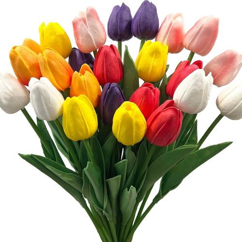 1 24pcs Multicolor Artificial Tulips Flowers Fake Faux PU Tulip Bouquet Real Touch Flower Arrangement for Home Decoration Excellent Gift Idea for Mothers Day(Multi)
