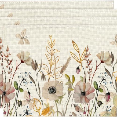 Wildflowers Floral Fall Placemats Set of 4, 12x18 Inch Thanksgiving Vintage Table Mats for Dining Party Decoration