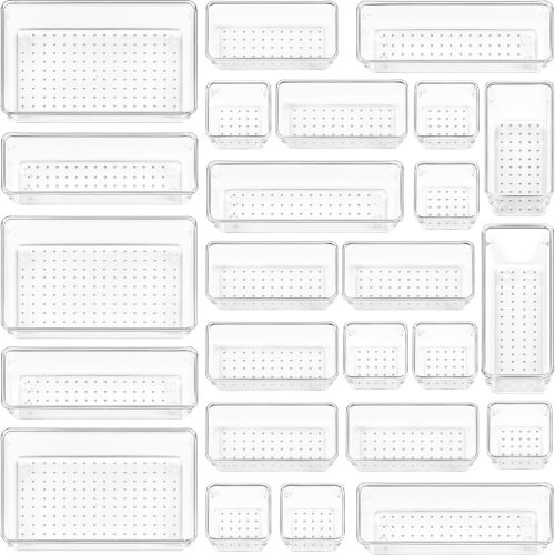 25 PCS Clear Plastic Drawer Organizers Set, 4-Size Versatile Bathroom and Vanity Drawer Organizer Trays, Storage Bins for Makeup, Bedroom, Kitchen Gadgets Utensils and Office