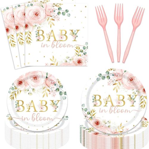 96 PCS Baby in Bloom Party Tableware Spring Floral Baby Shower Disposable Paper Plates Napkins Forks for Girl Pink Sage Green Party Decorations 24 Guests