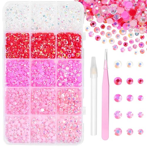 1 12000 Pcs Resin Jelly Rhinestones for Crafting, Multi Sizes Flatback Pink Color Gems, Bedazzling Crystal with Pickup Tool for DIY Crafts Clothing Shoes Fabric Nail Art