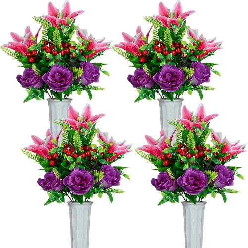 1 XONOR Artificial Cemetery Flowers for Grave, Set of 4 Artificial Flowers Bouquet Memorial Flowers with Vase for Outdoor Cemetery Headstones Graveyard Gravestone Decoration (Pink&Purple-4Pcs)