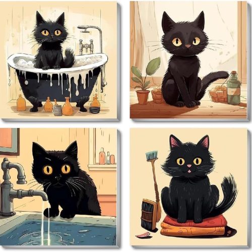 1 Funny Black Cat Paint by Numbers Kit for Adults Beginners, 4 Pack Cute Cat Easy Framed Adults Paint by Numbers Kits, DIY Black Cat Acrylic Oil Painting Number Kits for Home Wall Decor (8 x 8 Inch)