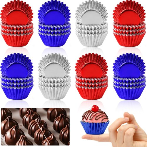 400pcs 4th of July Mini Foil Cupcake Liners Cupcake Red Blue Silver Mini Muffin Cupcake Wrappers for Patriotic Independence Day Holiday Birthday Veterans Party Cake Candy Chocolate Decorations