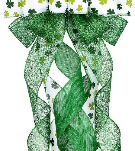1 Large St. Patrick's Day Wreath Bows, Green Glitter Bows for Wreath Green Shamrock Bows for Front Door St. Patrick's Day Hanging Bows Ornaments White Irish Holiday Yarn Bows for Outdoor Party Decor