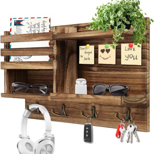 1 Key Holder Wall Mount, Solid Wood Key and Mail Organizer for Wall(Self Adhesive or Drill), 8 Hooks Key Rack for Entryway Hallway Bedroom Farmhouse Home Decor (Burnt Brown)