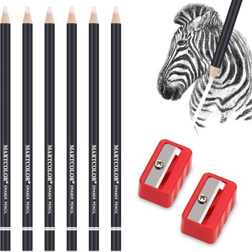 1 6pc Eraser Pencils and 2pc Sharpener, Fine Detail Eraser for Sketching, Charcoal Drawings & Colored Pencils