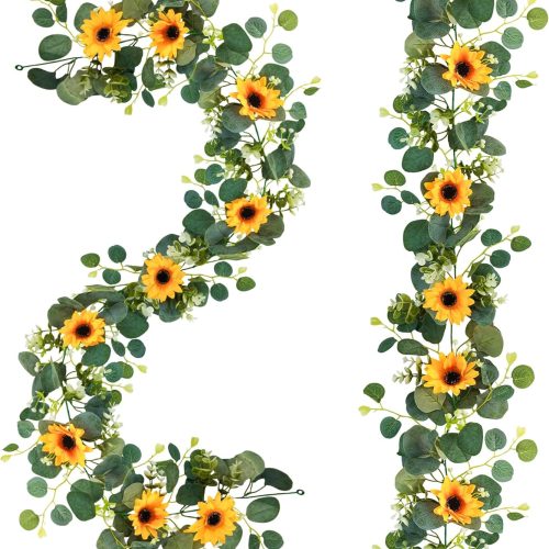 1 2 Pack Artificial Sunflower Garland, 6ft/Strand Silk Sunflowers Hanging Vines Flowers Garland with Green Leaves for Room Kitchen Garden Birthday Wedding Baby Shower Party Table Decor