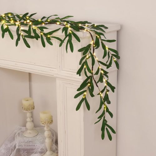 1 Olive Garland with Lights, 6FT Prelit Christmas Garland with Timer, Artificial Christmas Greenery Twig for Mantle Fireplace Wedding Stairs Decor