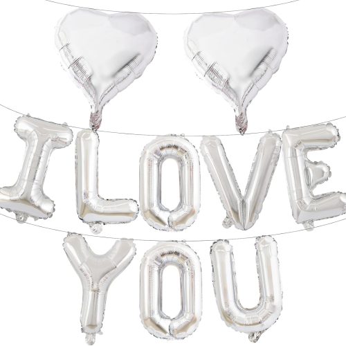 1 16 Inches Silver 'I LOVE YOU' Balloons Banner - Mylar Letter Balloon with 2 Heart Shaped Foil Balloons for Romantic Decorations, Anniversaries, Engagements, Proposals, and Valentine's Day Decor
