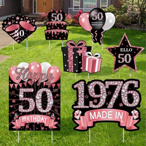 1 7Pcs Rose Gold 50th Birthday Yard Sign Decorations for Women,Happy 50th Birthday Made in 1976 Lawn Sign Party Supplies,Fifty Year Old Outdoor Yard Decor with Stakes