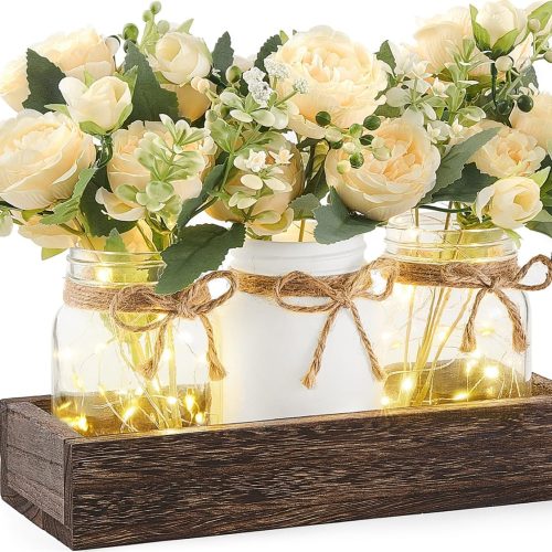 1 Mason Jar Lights Centerpiece Table Decor for Dining Room Farmhouse Wood Tray with 3 Jars Flowers Valentines Day Decoration for Coffee Table Kitchen Living Room Wedding