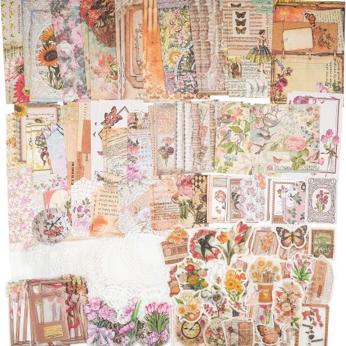 1 200 Piece Vintage Ephemera Bundle - Paper & Sticker Kit for Junk Journaling, Scrapbooking, Planners, Bullet Journals, Collage, Decoupage - Cottagecore Themed - Pastel/Earthy Tones