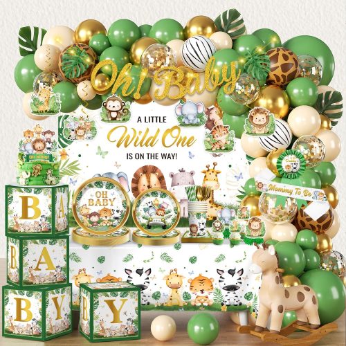 1 300PCS Safari Baby Shower Decorations, 30 Safari Theme Tableware, All-in-1 Pack Includes Backdrop Tablecloth Balloon Boxes Balloon Kit for Baby Shower Decorations Boy