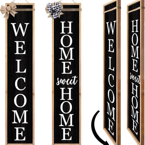 1 Outdoor 2in1 Welcome Sign for Front Porch Standing 45"X9" Long Vertical Leaner Tall Wood Framed Modren Rustic Farmhouse Large Home Sweet Home Signs Front Door For Outside Decor (Wood Black)