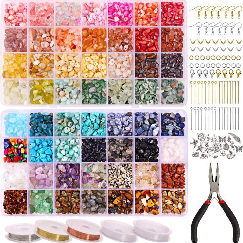 1 1800pcs 56 Colors Crystal Beads, Ring Making Kit, Gemstone Chip Beads Irregular Natural Stone with Jewelry Making Supplies for DIY Craft Bracelet Necklace Earrings, Craft Gifts