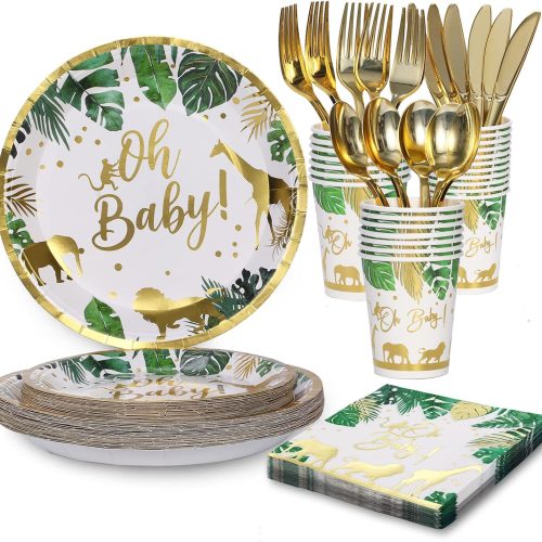 1 168 Pcs Safari Baby Shower Decorations, Oh Baby Shower Plates, Cups, Napkins & Cutlery, Serves 24, Green and Gold