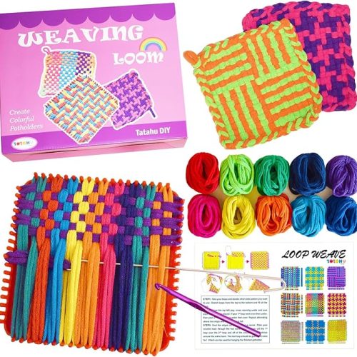 1 Potholder Weaving Loom Kit - 300pcs Rainbow Knitting Refill Loops in 10 Colors, Make 8 Potholders for Beginners, DIY Arts and Crafts