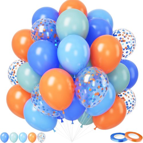 1 Orange and Blue Balloons, 50pcs 12 Inch Retro Blue Orange Balloons with Confetti, Ribbons for Birthday, Baby Shower, Graduation, Engagement Party Decorations