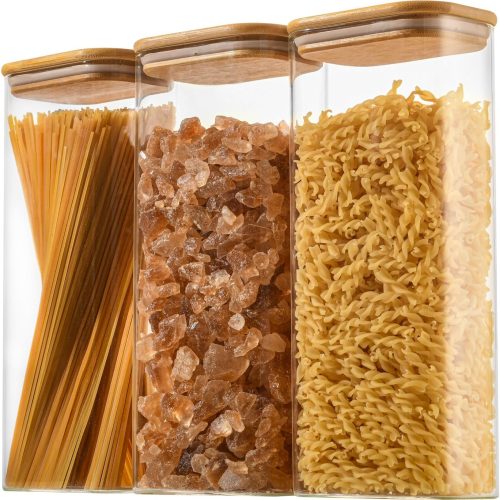 1 71oz Rectangle Airtight Glass Storage Containers with Bamboo Lids (Set of 3), Square Food Storage Jar, Pantry Organizers for Sugar, Flour, Spaghetti and Coffee beans (with Black Lable)