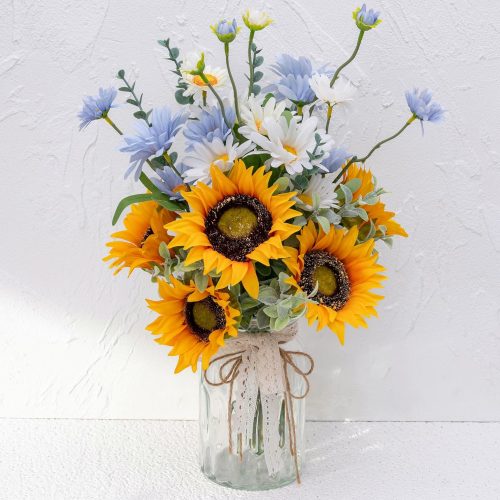 1 Faux Flowers with Vase, Artificial Silk Sunflower in Vase Centerpiece Coffee Table Decor, Fake Plant Daisy Flower Arrangement for Fall Decorations Indoor Home Office Living Room Farmhouse