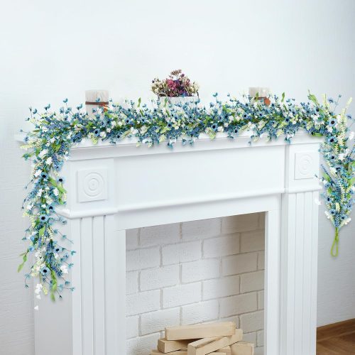 1 2 Pcs 6 ft Daisy Flowers Garland - Summer Floral Artificial Blue and Green Leaves Daisy Garland for Mantle Realistic Hanging Flower Decor for Home Fireplace Stairs