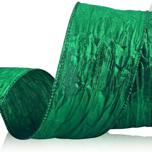 1 Royal Green Crinkled Sheer Ribbon for Flower Bouquet 2.5" x 10 Yards Wired Lace Organza Decorative Ribbon for Bow Making Gift Wrapping Ribbons for Floral Bouquets Wrapping Decor