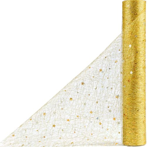 Glitter Table Runner Roll - 11Inch x 33Feet Metallic Sequin Mesh with Stars & Moons, Sparkle Foil Wedding Table Decor for Bridal Shower, Baby Shower, Birthday Party, Christmas - Gold