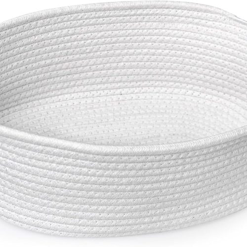 White Small Woven Basket, 13” x 9” x 5” Baskets for Gifts Empty Cotton Rope, Cute Nursery Baby Storage Organizer, Wicker Cat Toy Bin Box with Handles, Empty Gift Boo Basket