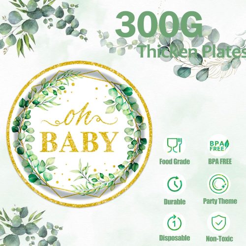 4 Sage Greenery Baby Shower Plates and Napkins Tableware Set - 175pcs Gender Neutral Baby Shower Decorations Oh Baby Party Supplies, Disposable Paper Plates Napkins for Baby Girl Boy Shower Decorations