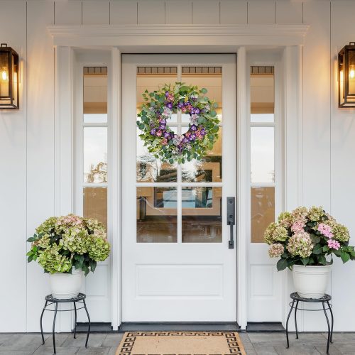 Spring Wreaths for Front Door, 24 Inch Purple Summer Wreath Everyday Artificial Wild Flower Wreath for Wedding Home Wall Window Porch Indoor Decor