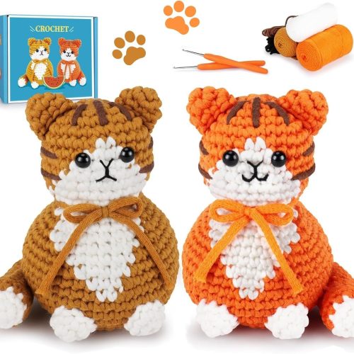 Crochet Kit for Beginners, 2PCS Cat Crochet Animal Kit with Step-by-Step Video Tutorials, Beginner Crochet Kit for Adults, Crochet Starter Kit for Women, Learn to Crochet Cats, Gifts for Valentines