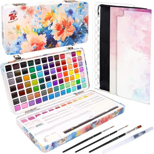 100 Colors Watercolor Paint Set For Kids, Students and Artists, Amateur,Beginner.Set includes Coloring Sheets, Black Dual Tip Acrylic Paint Markers