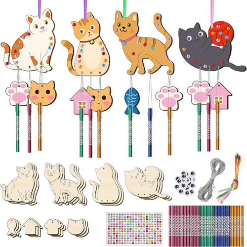 12 Pack Wind Chime Kit for Kids, Make Your Own Wind Chime DIY Wood Arts and Crafts Decorative Coloring Wooden Hanging Ornaments for Girls Boys Home School Activity Party Supplies(Cute Cat)