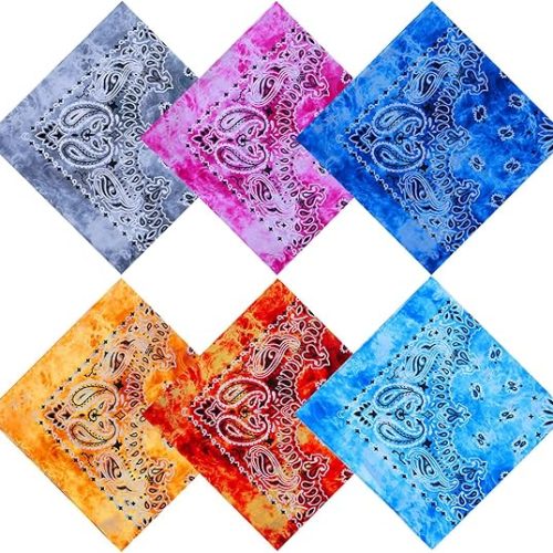 6 Pack Tie Dye Bandana Cotton Paisley Bandanas Headbands Cowboy Handkerchiefs for Men and Women
