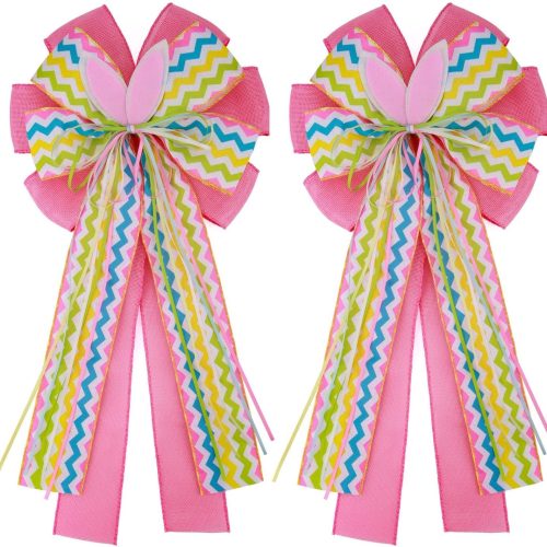 2 Pcs Large Easter Burlap Bow 20 x 10 Inch Wreaths Spring Bunny Rabbit Bows for Gift Wrapping Tree Topper Front Door Party Home Decorations (Easter)