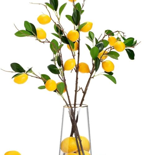 36 Pcs Faux Fruit Decoration Set Includes 6 Pcs 31.5 Inch Artificial Lemon Branch 30 Pcs 3 x 2 Inch Faux Yellow Lemon 5 Head Fake Fruit with Stem for Home Photography Prop Kitchen
