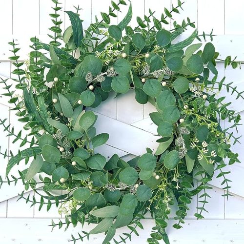 Spring Wreath 22 Inch Spring Summer Wreaths with Eucalyptus Leaves and Berries Seasons Green Eucalyptus Wreath for Farmhouse Porch Front Door Wall Decor and Year Round Use