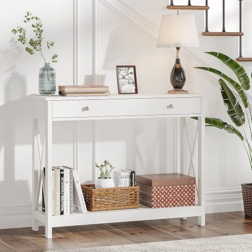 White Console Table with Drawer and Storage Shelves, Foyer Sofa Table Narrow for Entryway, Living Room, Hallway