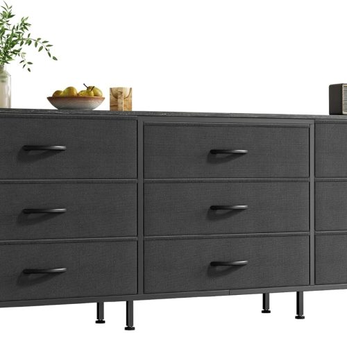 1 63 Inch Dresser for Bedroom, Dresser for Closet with 9 Drawers, Large TV Stand for 55, 65, 70 Inch TV, Entertainment Center with Storage, Wide Long Chest of Drawers, Black