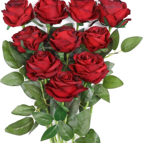 1 10Pcs Artificial Roses Flowers, Realistic Blossom Roses, Real Touch Silk Rose, Single Fake Flower Long Stem Bouquets for Home Wedding Party Decoration (10Pcs, Wine Red)