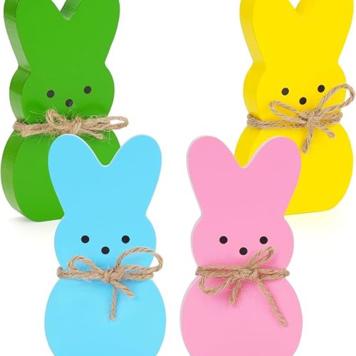 Easter Décor, 4 Pcs Bunny Table Decorations Wooden Spring Signs for Home, Wood Rabbit Tiered Tray/Mantal Décor for Farmhouse or Office Party Supplies
