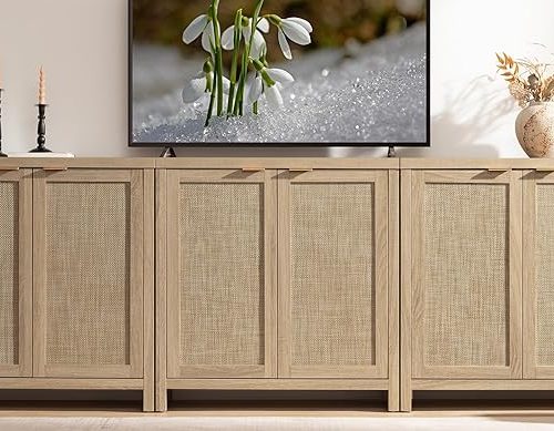 Rattan Cabinet Sideboard Buffet Storage Cabinet - 3 Pieces Farmhouse Boho Credenza Coffee Bar Cabinet with Rattan Decorated Doors for Kitchen Living Room - Light Oak