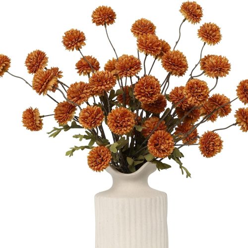 1 6pcs Artificial Flowers Faux Silk Pompon Mum,Silk Small Mini Chrysanthemum Ball with Stems for DIY Wedding Bouquets Centerpieces Vase Home Table Kitchen Decorations(Burnt Orange)