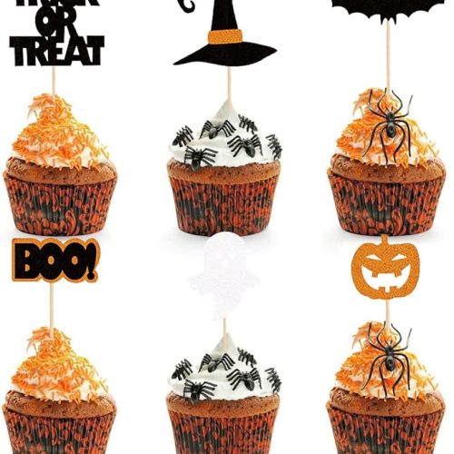 24Pcs Halloween Cupcake Toppers Pumpkin Witch Hat Ghost Bats Boo Trick or Treat Cupcake Picks Baby Shower Birthday Halloween Themed Party Cake Decorations Supplies