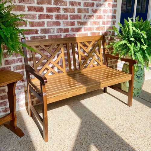 1 Outdoor Garden Wooden Bench, 4 Ft Acacia Wood Bench with Curved Backrest and Armrest, 2 Seat All Weather Bench for Patio, Lawn, Balcony, Yard, Porch - Brown