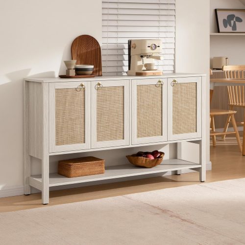 1 Rattan Sideboard Buffet Cabinet with Open Storage - Large Storage Cabinet with 4-Doors and Adjustable Shelves, Boho Credenza Coffee Bar Cabinets Buffet Table Console Table for Kitchen,Hallway