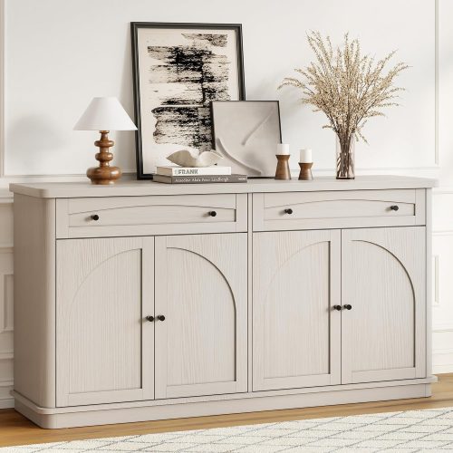 63 Inch Buffet Cabinet with Storage, Curved Sideboard Cabinet with 2 Drawers and 4 Arched Doors, Storage Cabinets with Adjustable Shelves, Sideboard Buffet for Living Room, Kitchen, Grey Oak