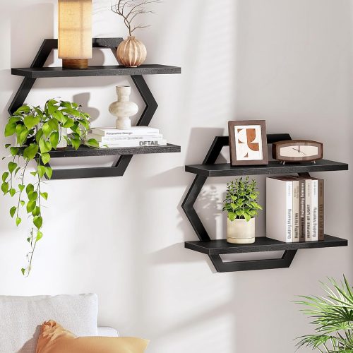 1 Hexagon Floating Shelves for Wall, Set of 2, 2 -Tier Hanging Shelves, Wall Mounted Storage Shelves, for Living Room, Bedroom, Kitchen, Home Office, Study, Black TBJ06P2BB