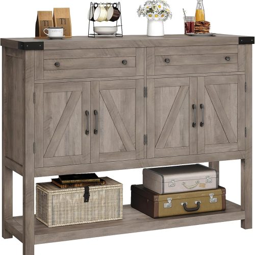 1 Buffet Sideboard Cabinet with Storage, 47.2" Modern Farmhouse Coffee Bar with 2 Drawers, Barn Doors Console Table with Shelf for Kitchen, Dining Room, Living Room, Entryway (Ash Grey)